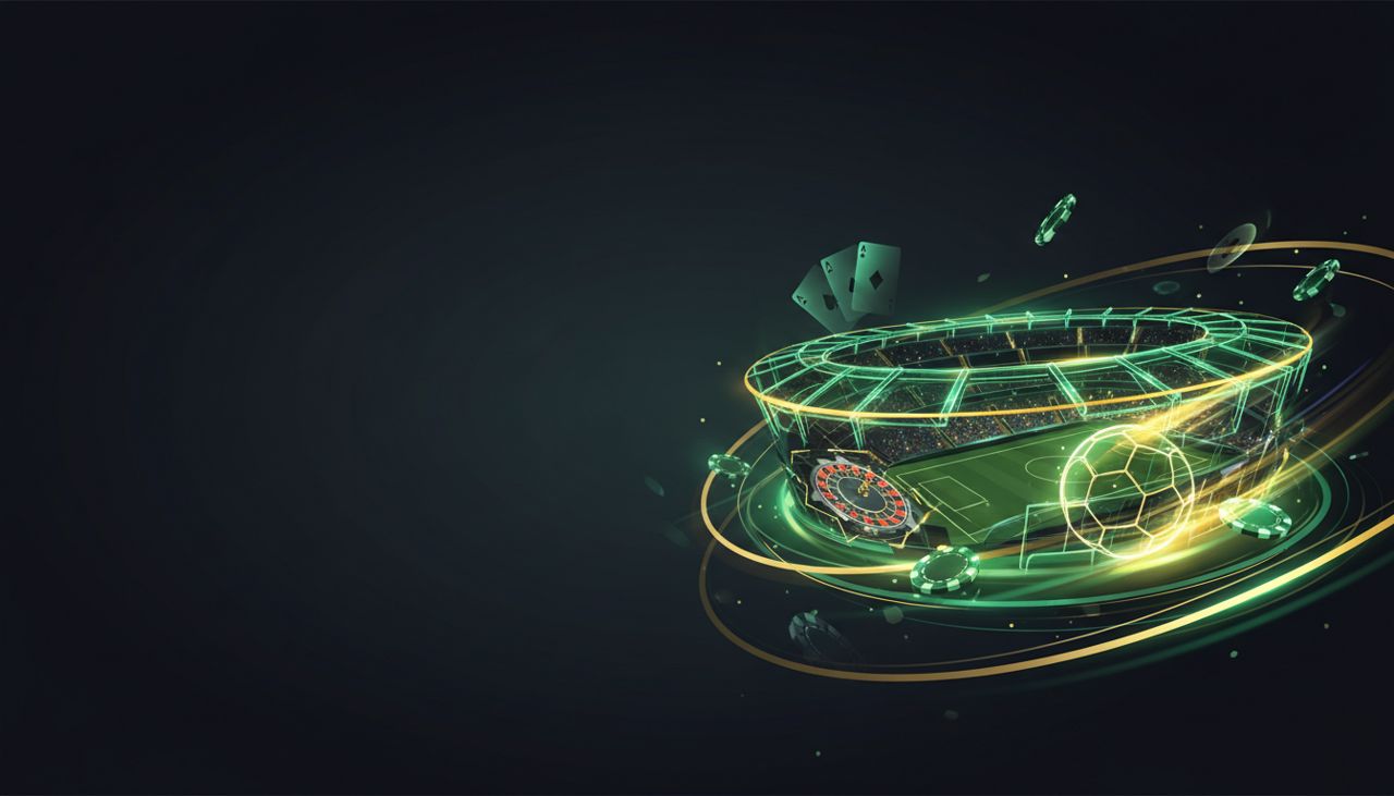 Banner mobile a tema casinò e scommesse: stadio illuminato sulla destra con fiches, carte e roulette astratte, area scura a sinistra per il testo, atmosfera premium notturna ad alto contrasto.